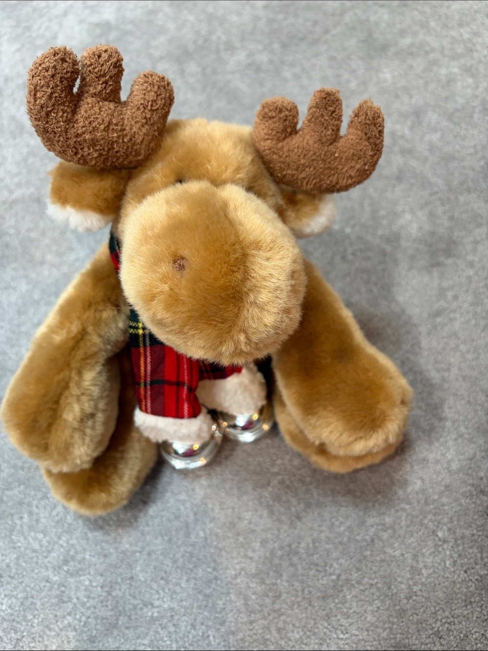 Adorable Vintage Plush Holiday Moose toy w/ Plaid Scarf & silver colored bells
